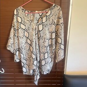 Eesome Tan Asymmetrical Tie Front Blouse
